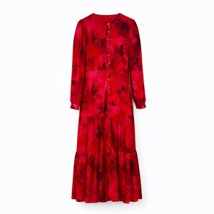 THIRD Red Floral Maxi Dress Tiered Button Long Sleeve S wedding guest MAXI USA